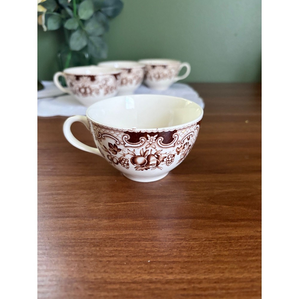 Vintage English Brown Transferware Fruit Teacups Set of 4 Harvest Tea Cups
